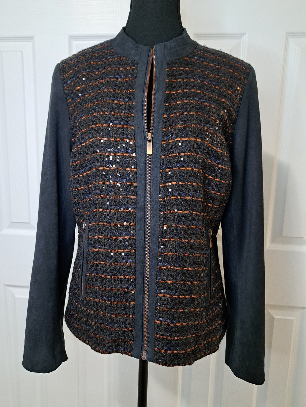Conrad C Collection Faux Sueded Fabric Zip Blazer Jacket Size 4 Grey Sequin